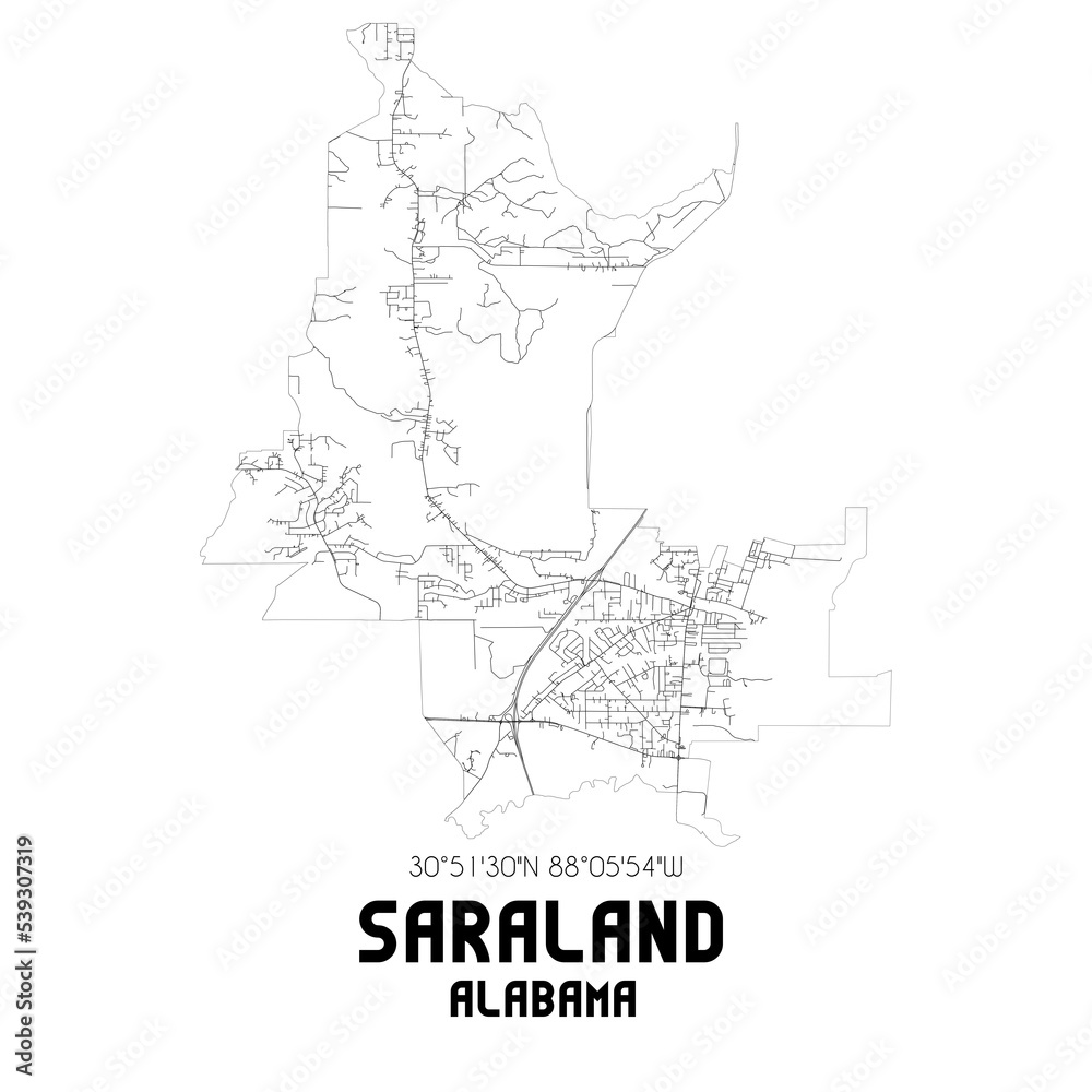 Saraland Alabama. US street map with black and white lines.