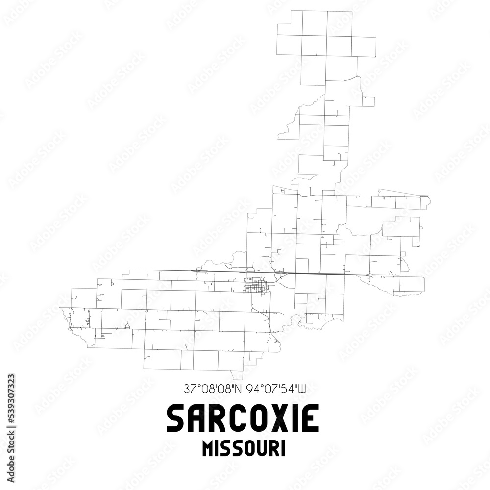 Sarcoxie Missouri. US street map with black and white lines.