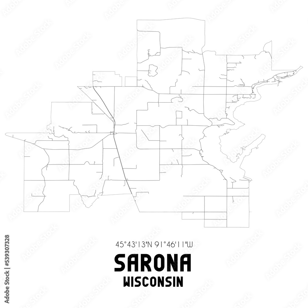 Sarona Wisconsin. US street map with black and white lines.