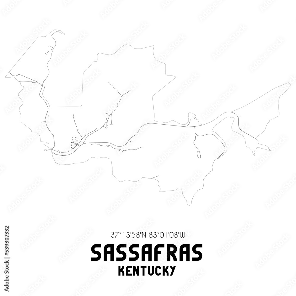 Sassafras Kentucky. US street map with black and white lines.