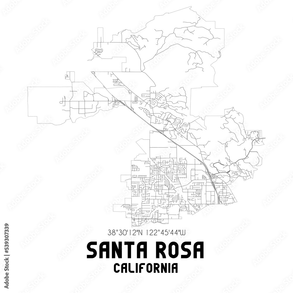 Santa Rosa California. US street map with black and white lines.