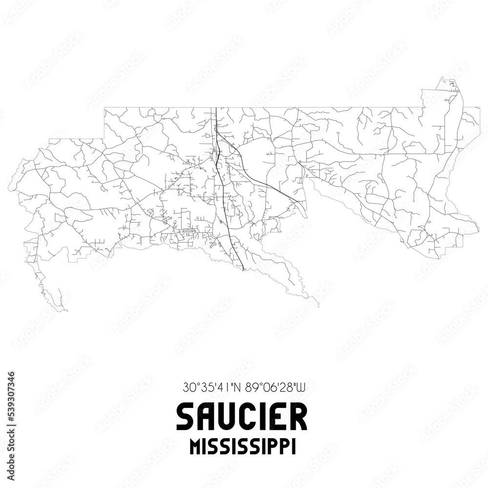 Saucier Mississippi. US street map with black and white lines.