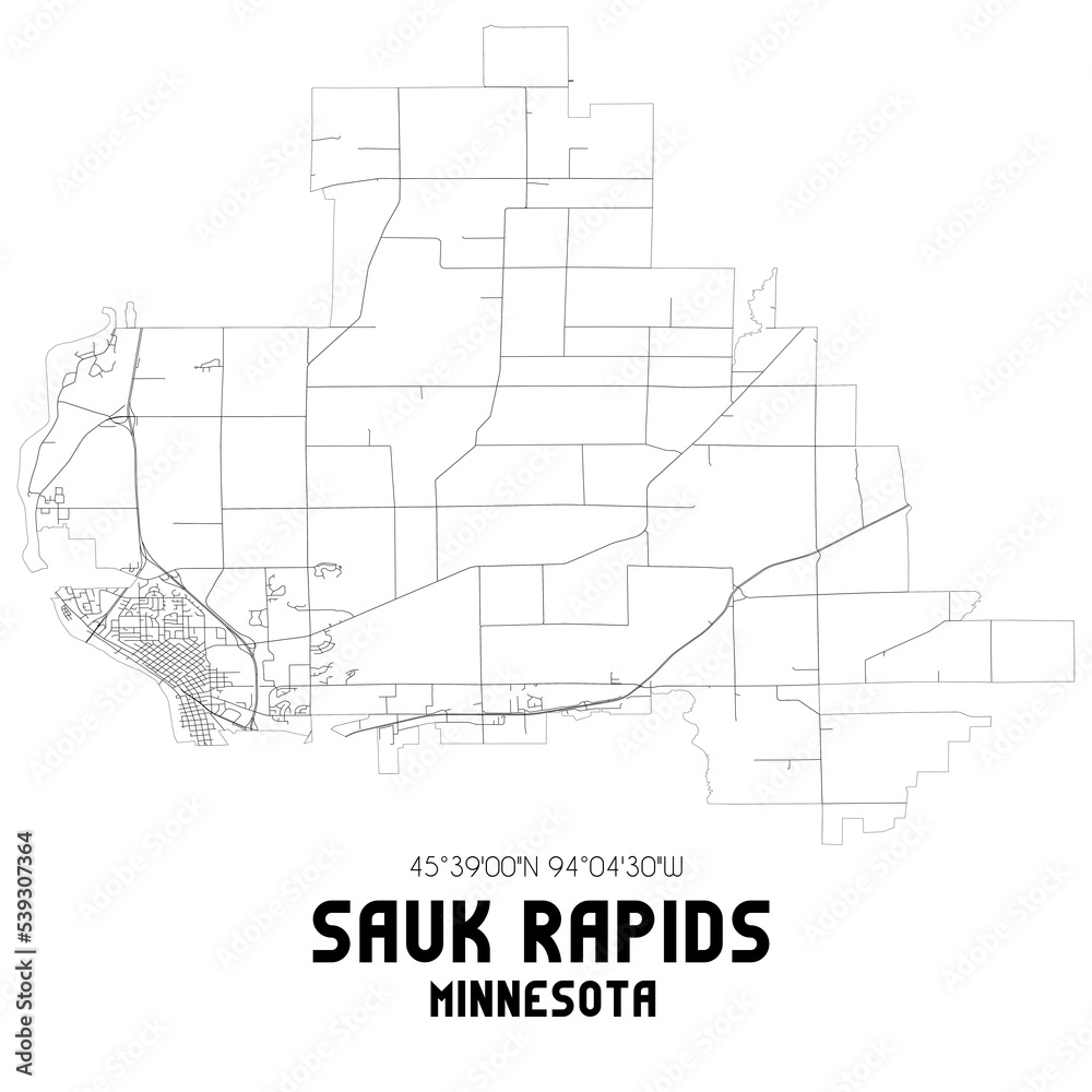Sauk Rapids Minnesota. US street map with black and white lines.