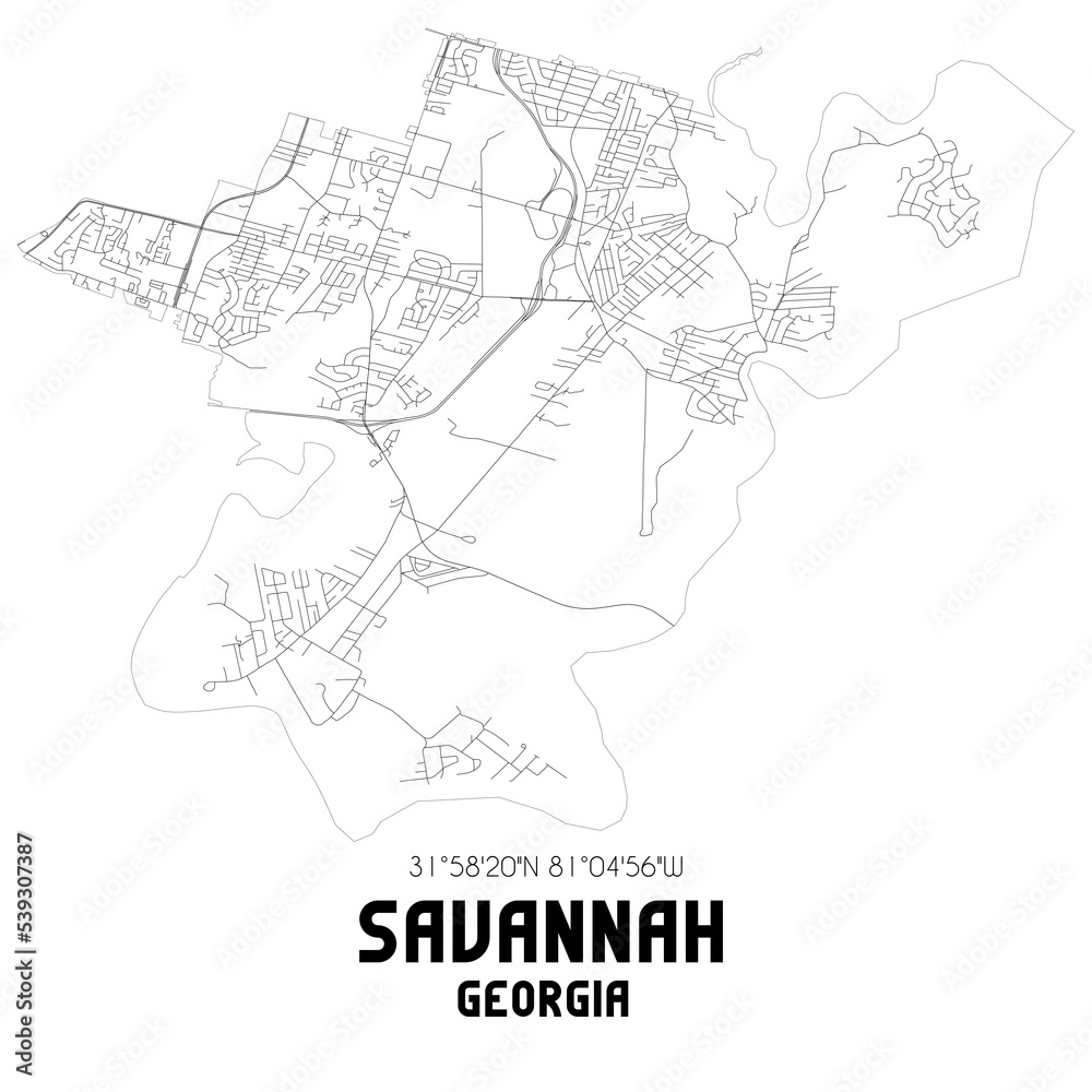 Savannah Georgia. US street map with black and white lines.