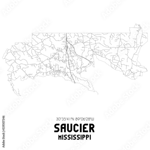 Saucier Mississippi. US street map with black and white lines.