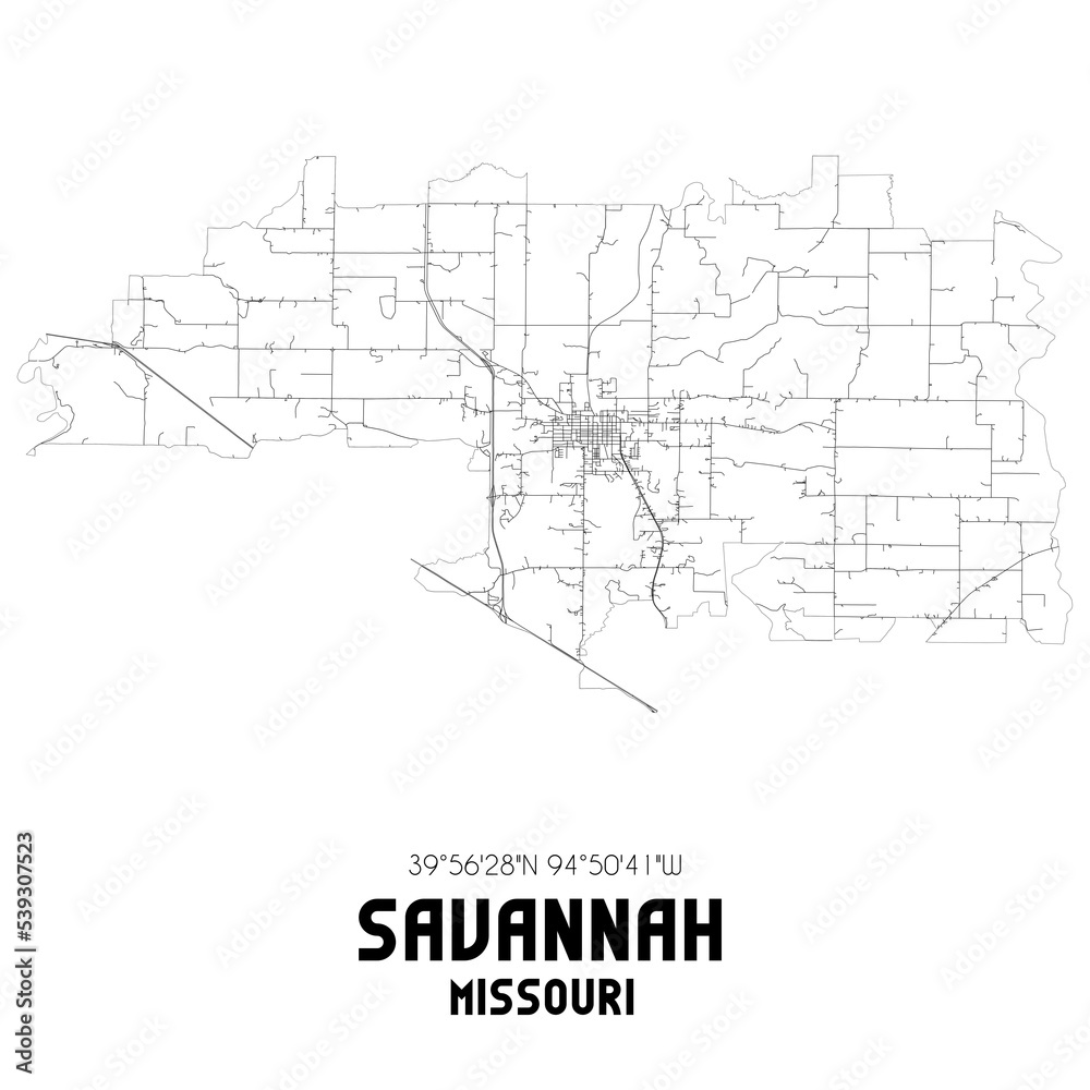 Savannah Missouri. US street map with black and white lines. Savannah Missouri. US street map with black and white lines.