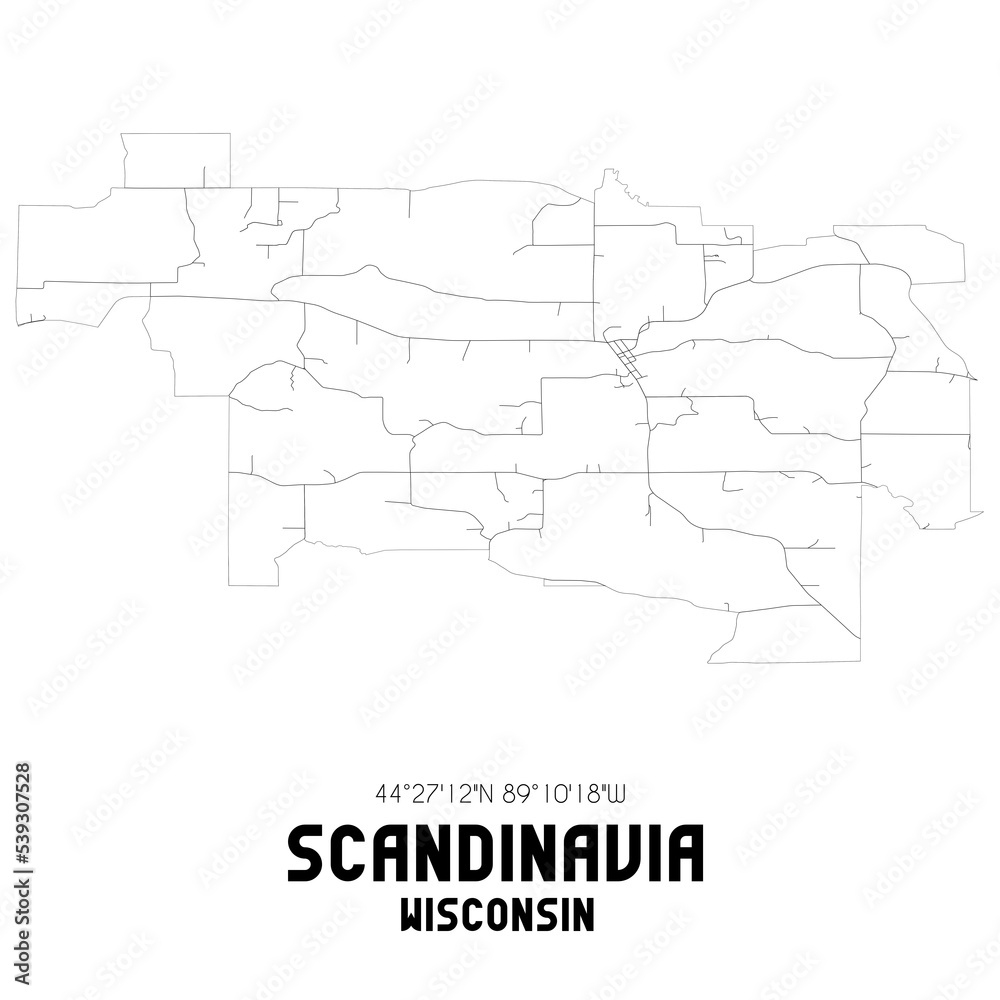 Scandinavia Wisconsin. US street map with black and white lines.