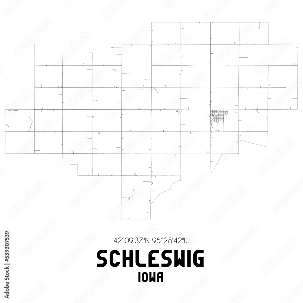 Schleswig Iowa. US street map with black and white lines.