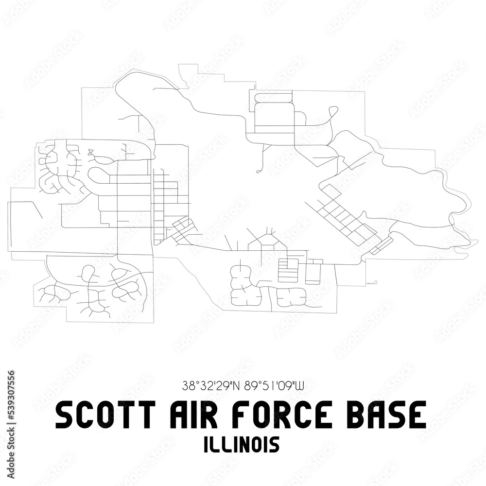 Scott Air Force Base Illinois. US street map with black and white lines.