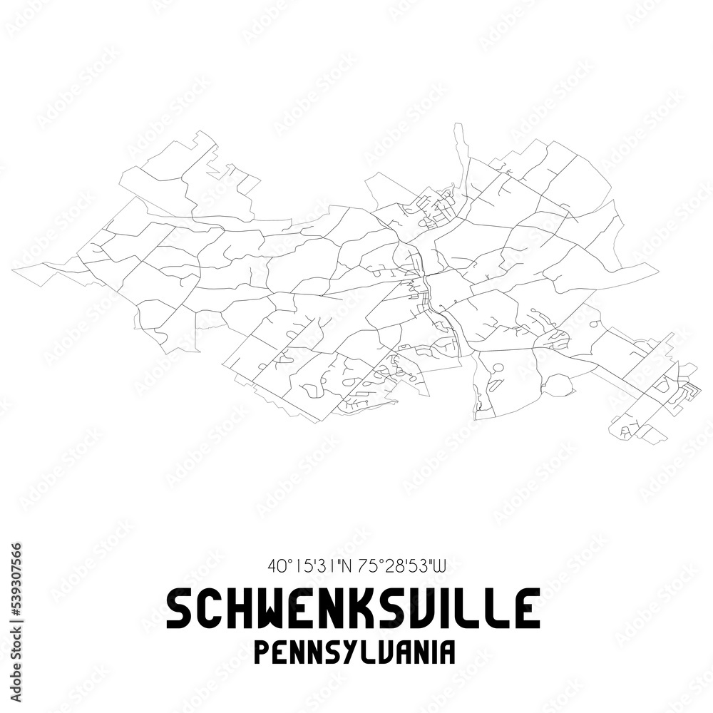 Schwenksville Pennsylvania. US street map with black and white lines.