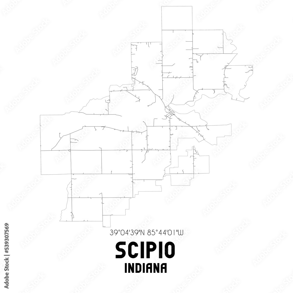 Scipio Indiana. US street map with black and white lines.