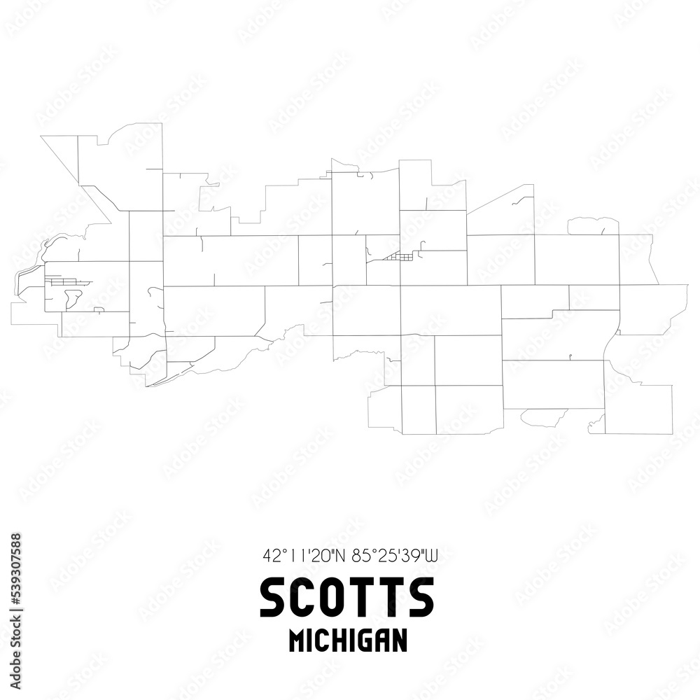 Scotts Michigan. US street map with black and white lines.