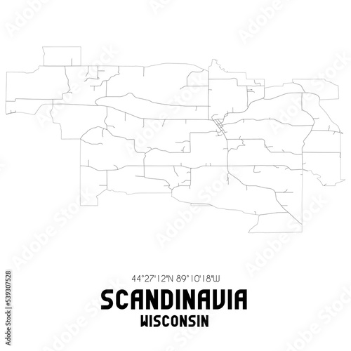 Scandinavia Wisconsin. US street map with black and white lines.