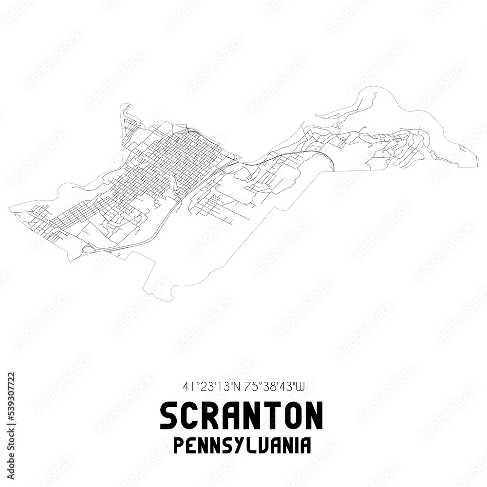 Scranton Pennsylvania. US street map with black and white lines.