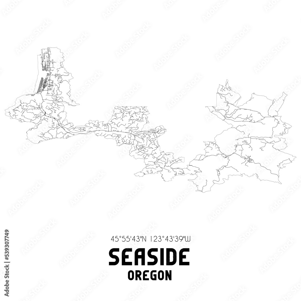 Seaside Oregon. US street map with black and white lines.
