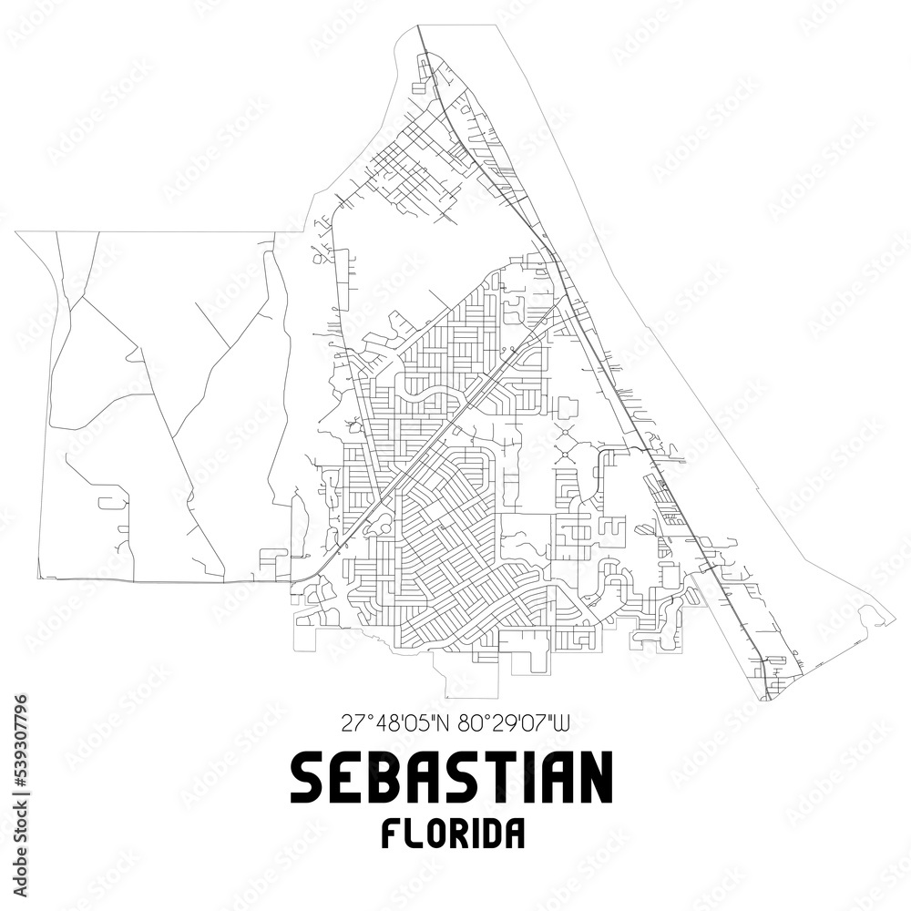 Sebastian Florida. US street map with black and white lines.
