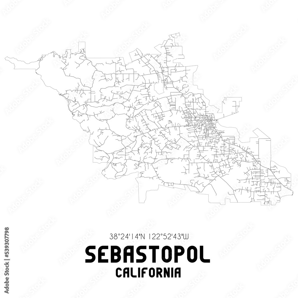 Sebastopol California. US street map with black and white lines.
