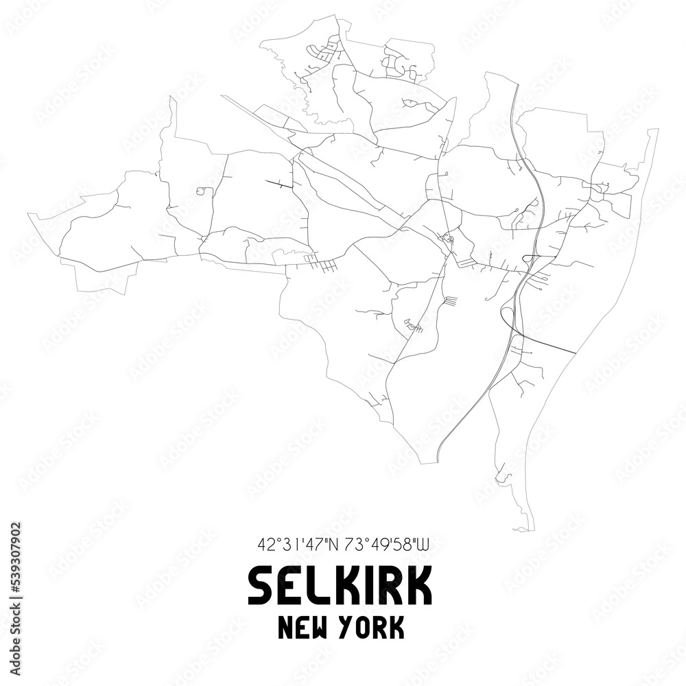 Selkirk New York. US street map with black and white lines.