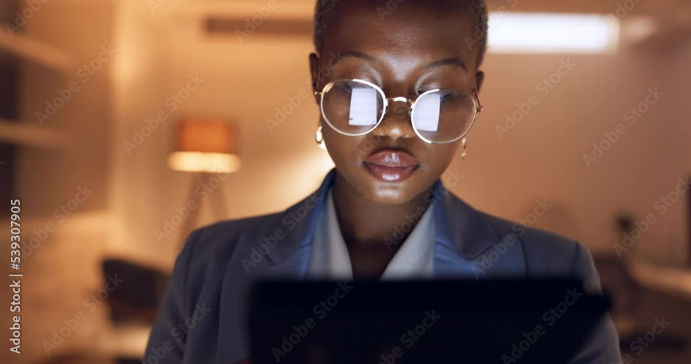 Tablet, night reading business woman with social media marketing strategy, digital analytics or website app review in office. Manager, entrepreneur or black woman check online international b2b email
