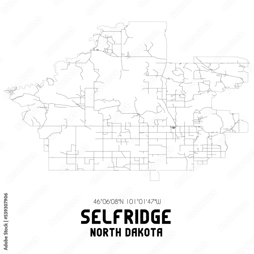 Selfridge North Dakota. US street map with black and white lines.
