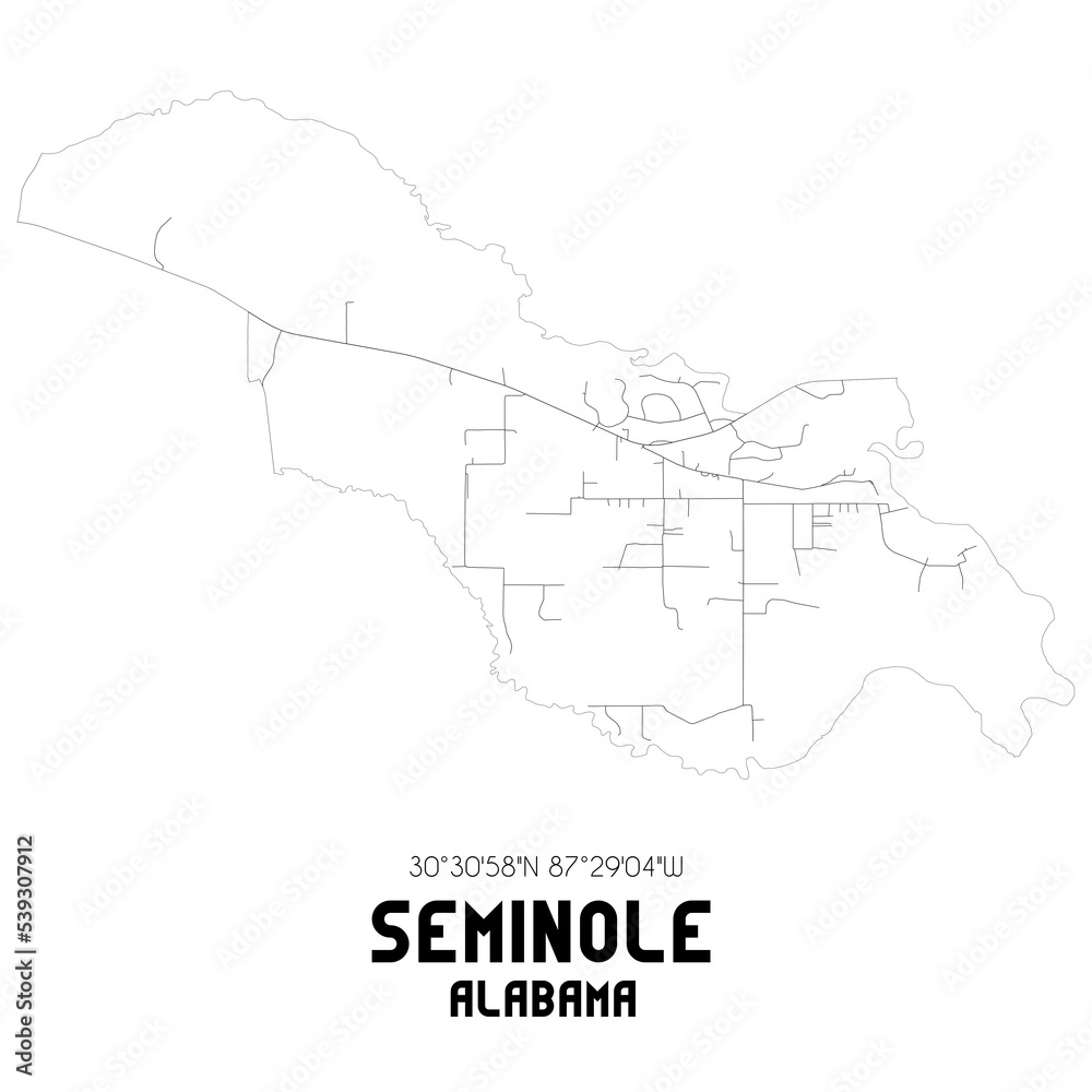 Seminole Alabama. US street map with black and white lines.