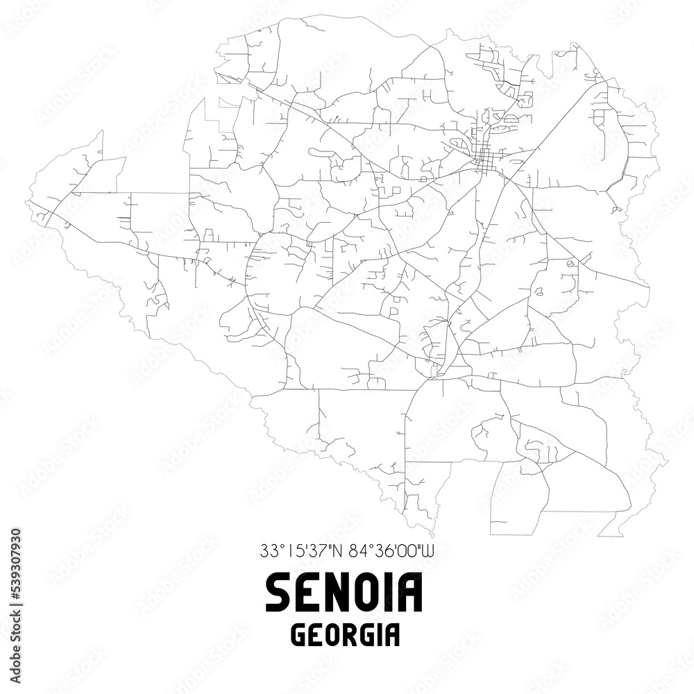 Senoia Georgia. US street map with black and white lines.