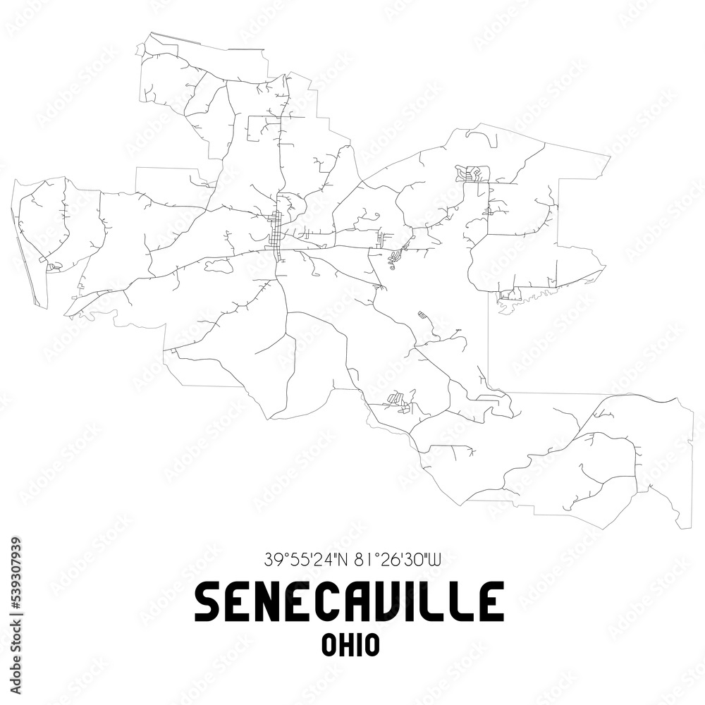 Senecaville Ohio. US street map with black and white lines.