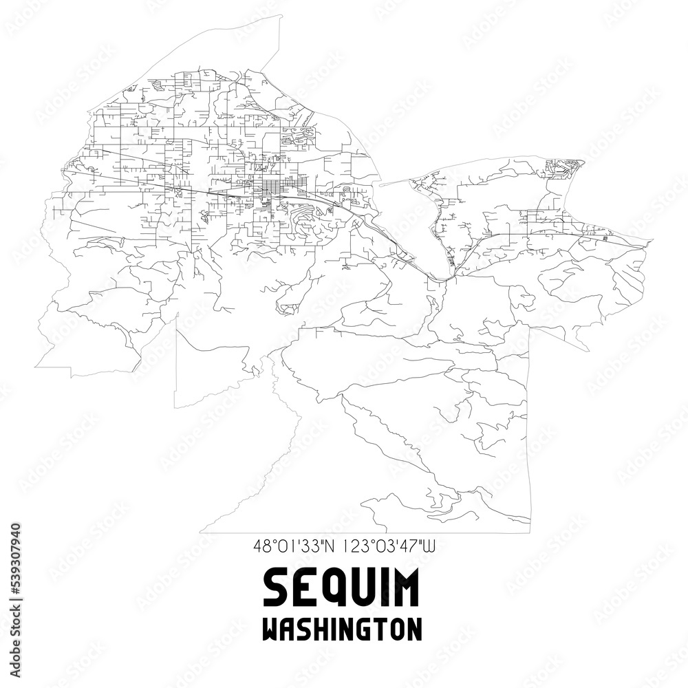Sequim Washington. US street map with black and white lines.