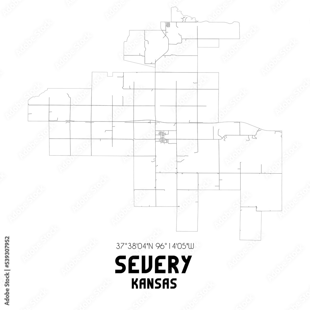Severy Kansas. US street map with black and white lines.