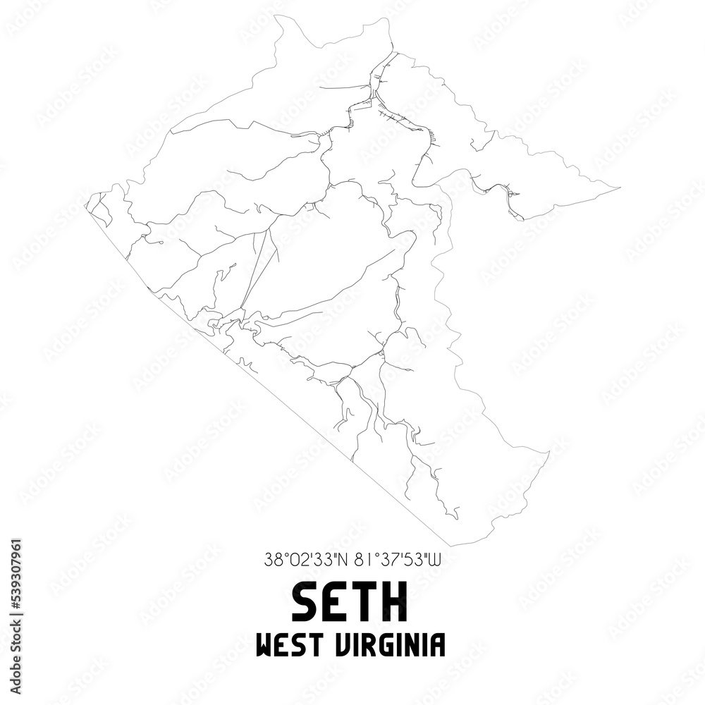 Seth West Virginia. US street map with black and white lines.