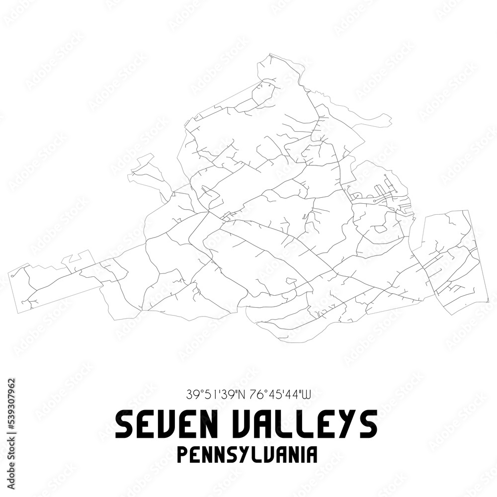 Seven Valleys Pennsylvania. US street map with black and white lines.