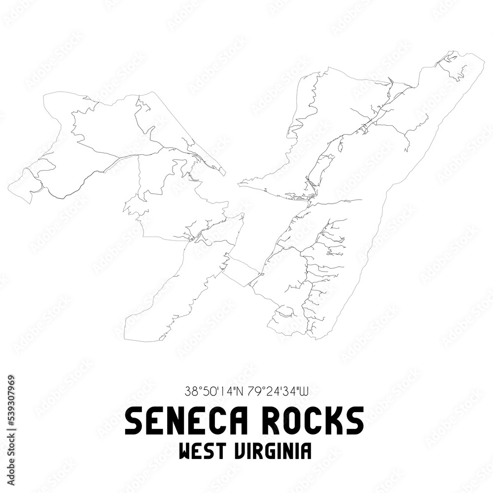 Seneca Rocks West Virginia. US street map with black and white lines ...