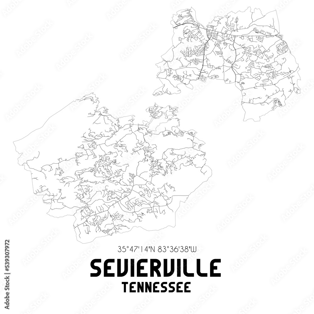 Sevierville Tennessee. US street map with black and white lines.