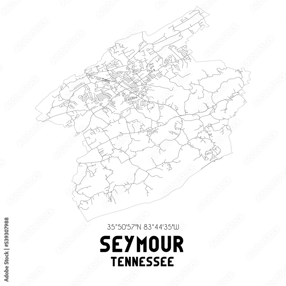 Seymour Tennessee. US street map with black and white lines.
