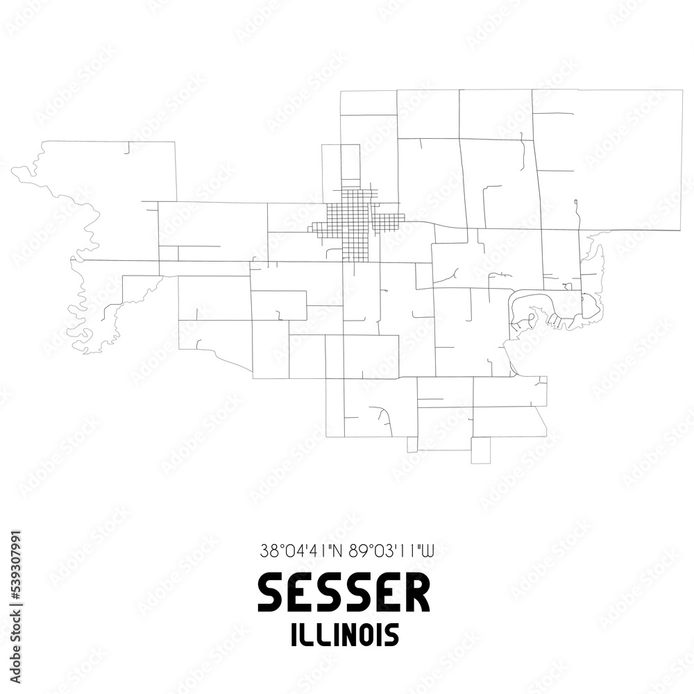 Sesser Illinois. US street map with black and white lines.
