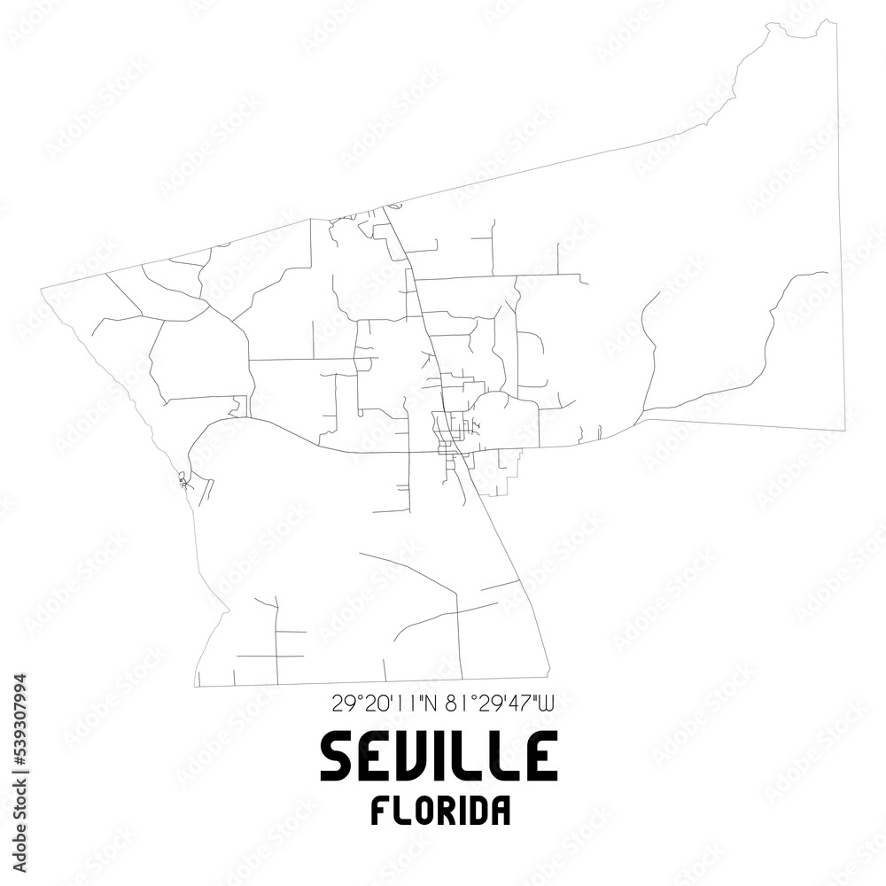 Seville Florida. US street map with black and white lines.