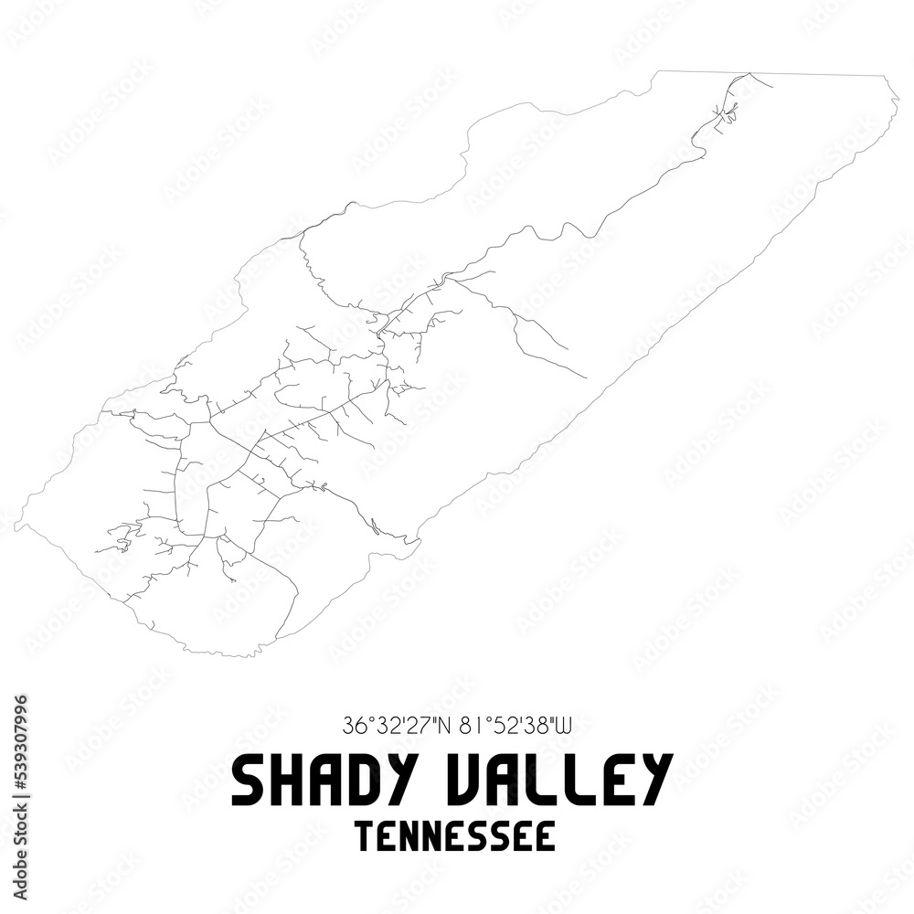 Shady Valley Tennessee. US street map with black and white lines.