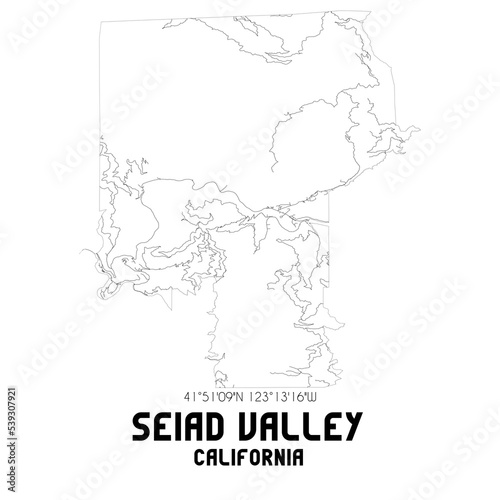 Seiad Valley California. US street map with black and white lines.