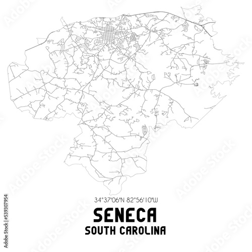 Seneca South Carolina. US street map with black and white lines.