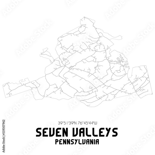 Seven Valleys Pennsylvania. US street map with black and white lines.