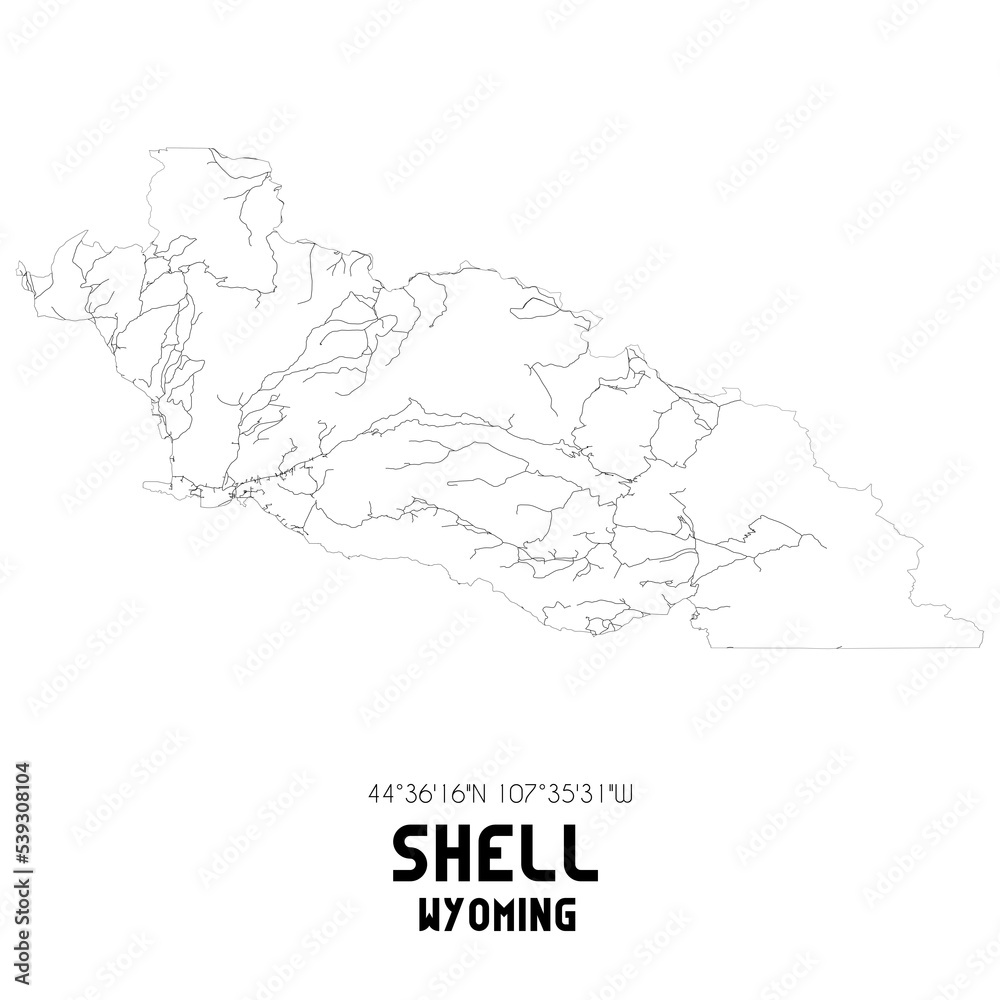 Shell Wyoming. US street map with black and white lines.