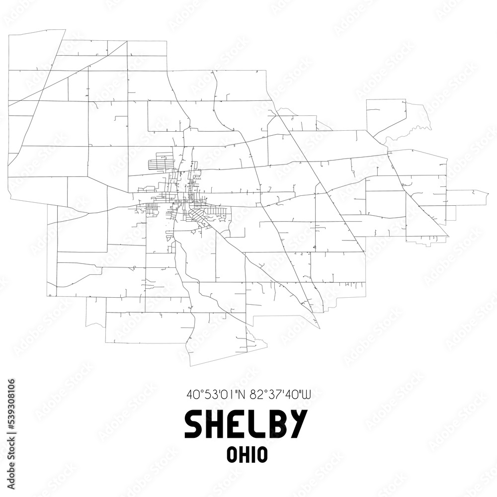 Shelby Ohio. US street map with black and white lines.
