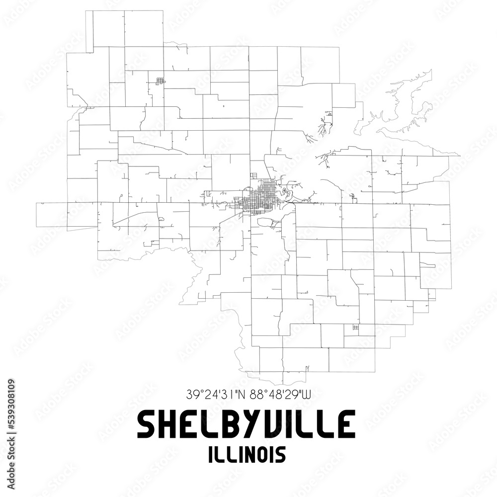 Shelbyville Illinois. US street map with black and white lines.