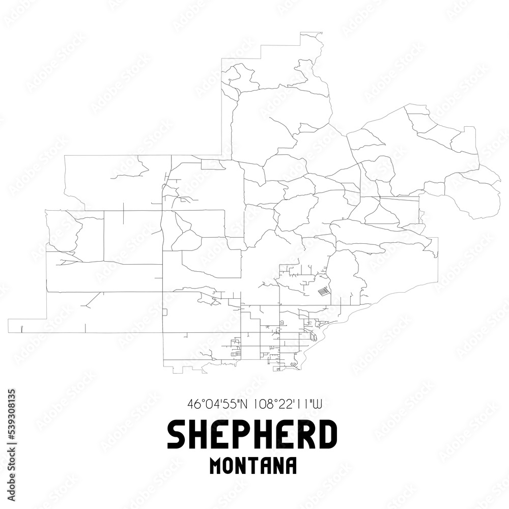 Shepherd Montana. US street map with black and white lines.