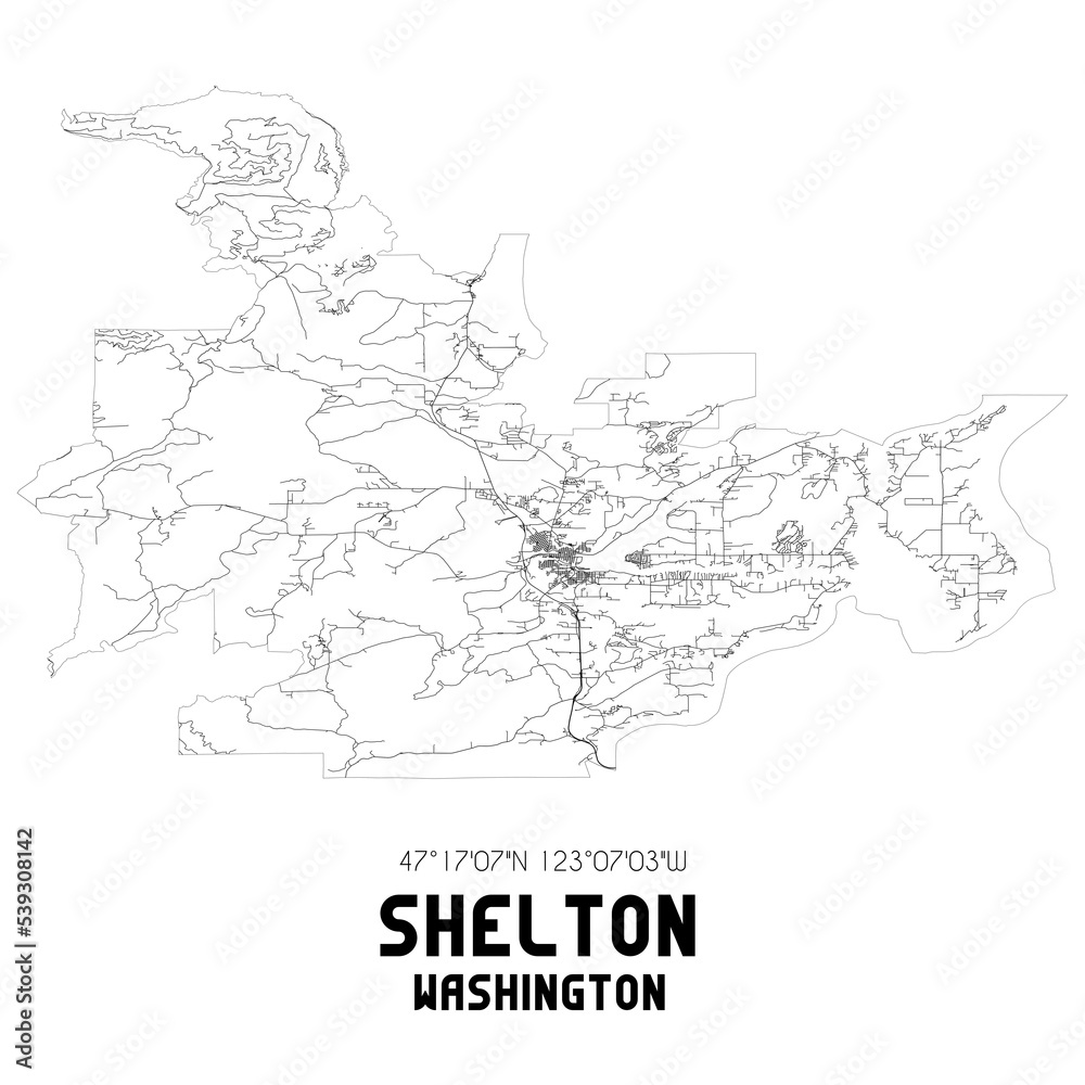 Shelton Washington. US street map with black and white lines.