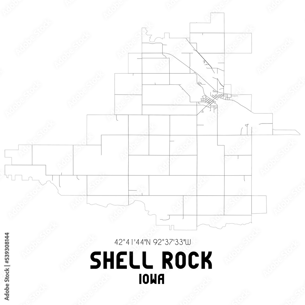 Shell Rock Iowa. US street map with black and white lines.