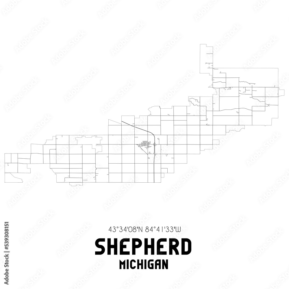 Shepherd Michigan. US street map with black and white lines.