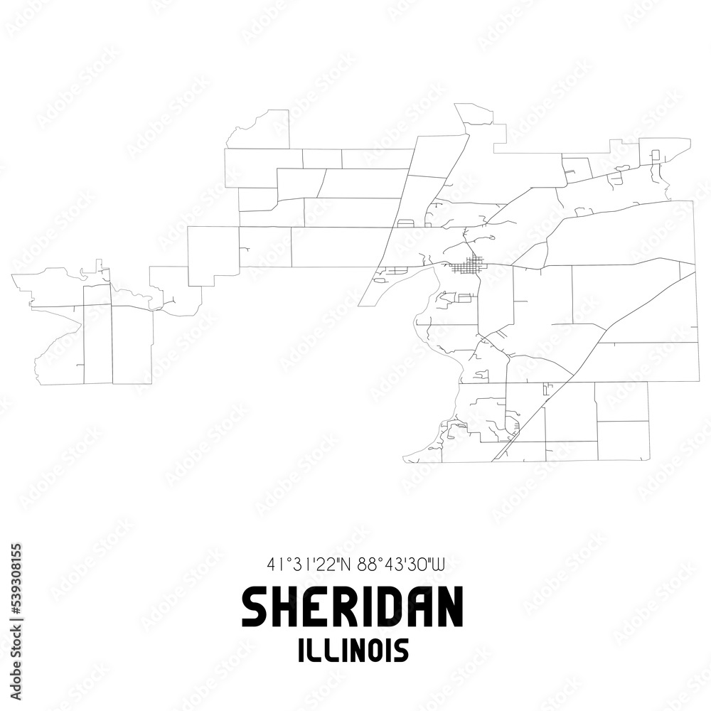 Sheridan Illinois. US street map with black and white lines.