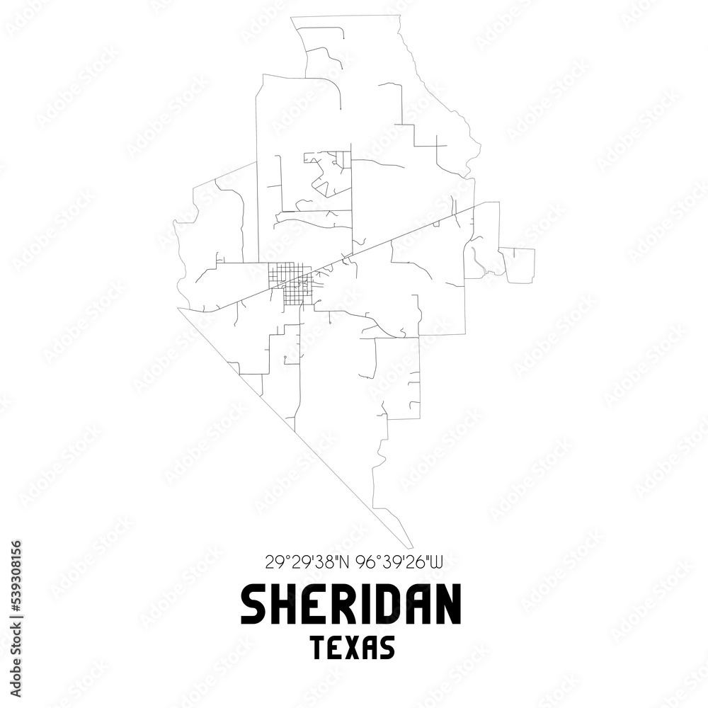 Sheridan Texas. US street map with black and white lines.