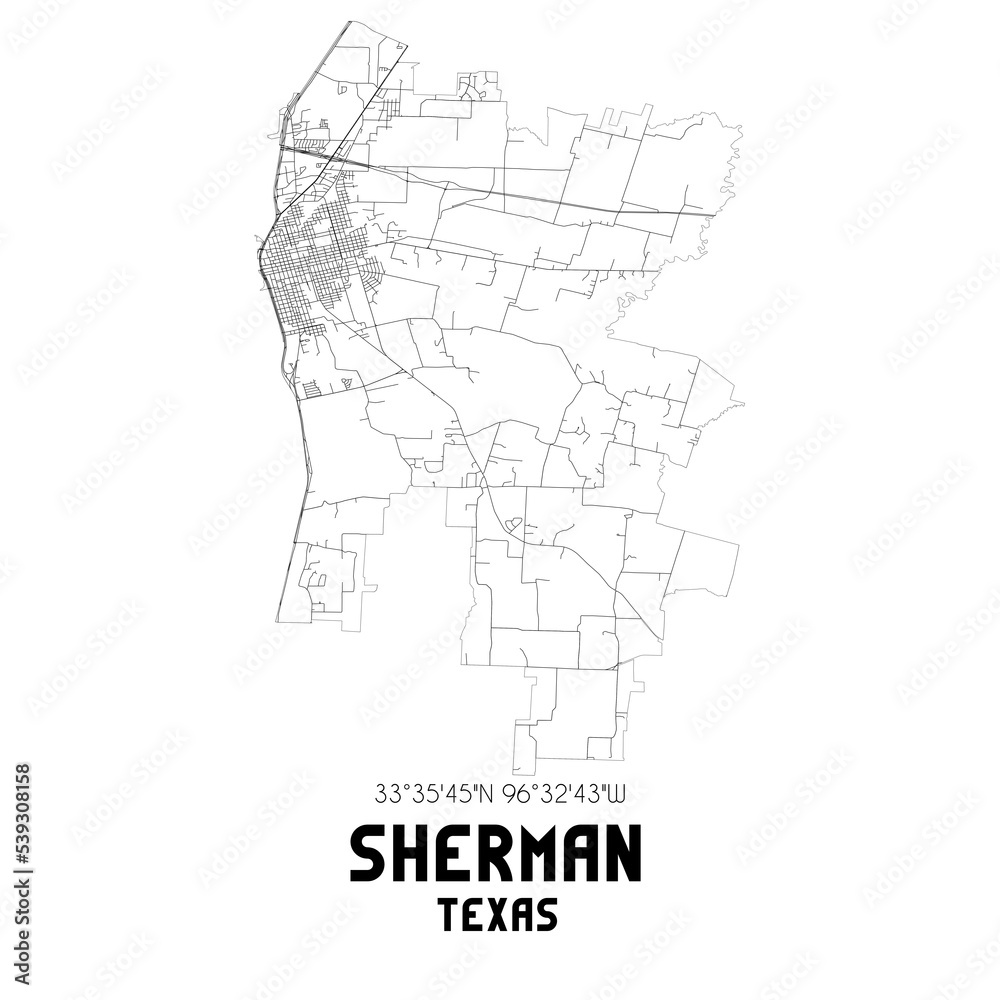 Sherman Texas. US street map with black and white lines.